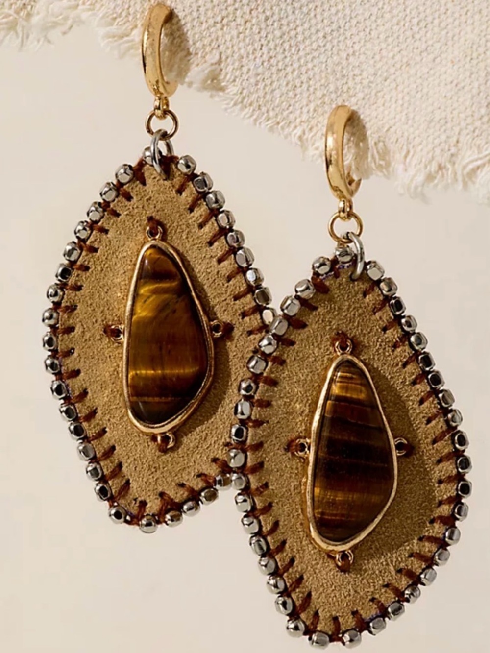 Free People Tan Suede Drop Earrings with Brown Tiger's Eye and Gold Accents